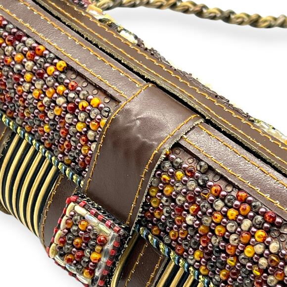 Mary Frances Vintage Beaded Baguette Hard Shell Shoulder Handbag Brown Gold Tan - Picture 6 of 14